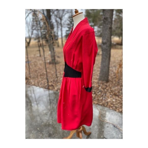 Vtg 80s Batwing A Line Dress Red Black Polkadot - Picture 10 of 16